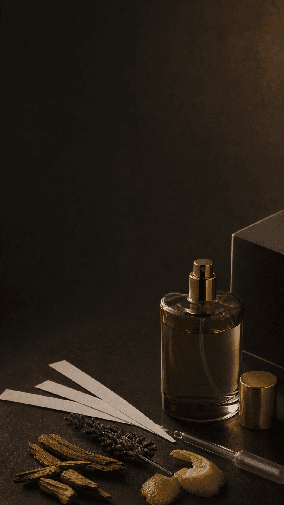 Perfume bottle with scent blotters and ingredients