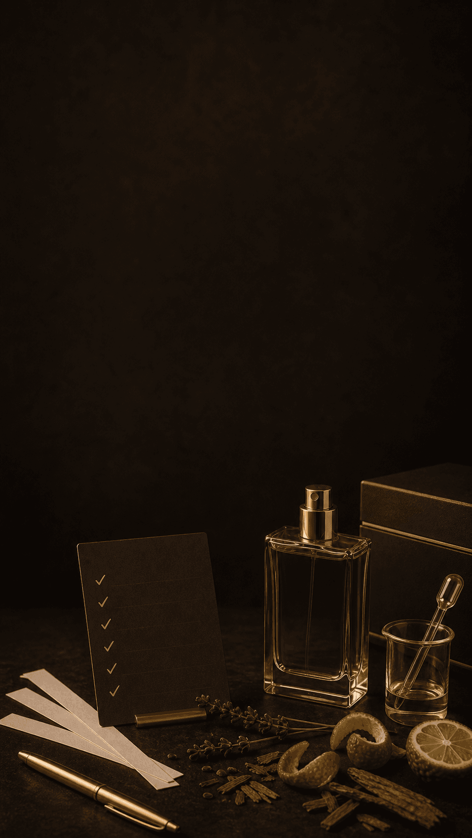Perfume bottle with profile card and ingredients
